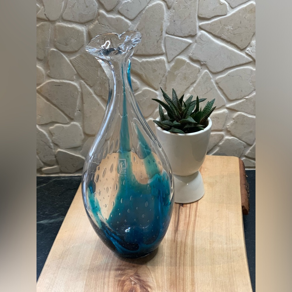 MDINA | Blue and Clear Signed Glass Vase | Rough Seas | Made in Malta
